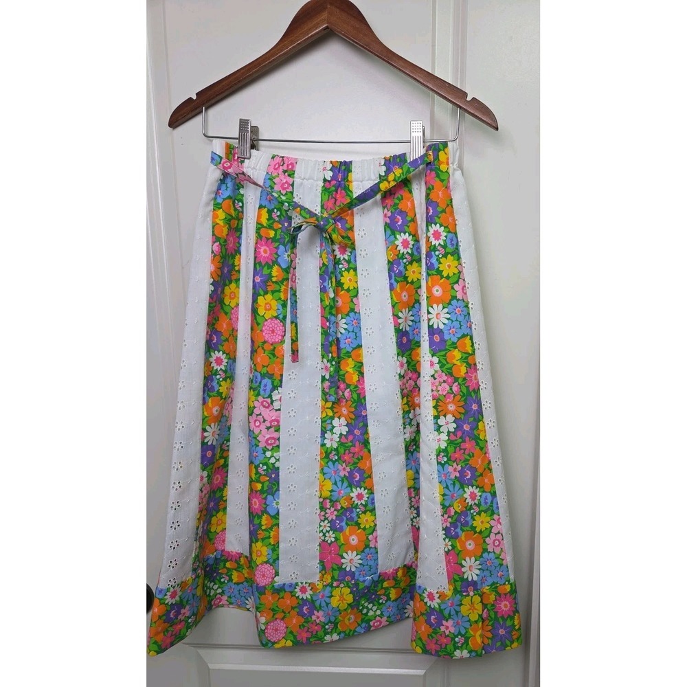Vintage 70s Patchwork Floral Print Eyelet Lace Midi Skirt Tie Belt Sanibel NWOT
